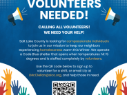 A picture of animated hands and megaphones next to the word 'Volunteers Needed!' and additional information about volunteering.
