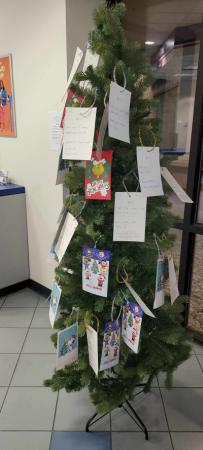 Image of a Christmas Tree with Christmas Cards hung around it, on which have been written Christmas wishlists
