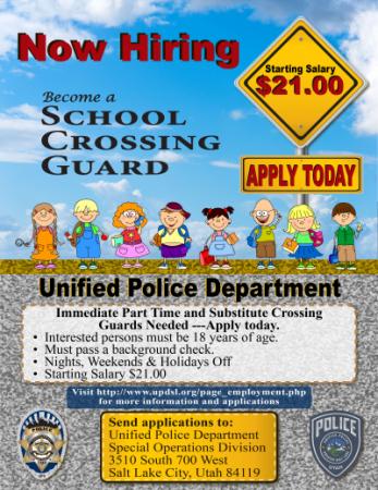 Cartoon images of children next to a crossing traffic sign, with information about Crossing Guard hiring displayed below