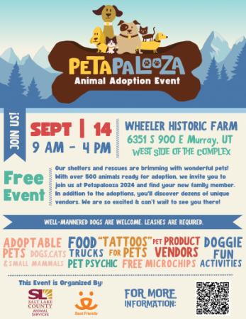 Digital art of dogs and cats on top of the Petapalooza logo, surrounded by information about the Petapalooza event